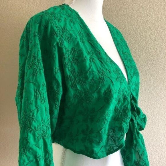 Zara Knotted Embroidery Green Top Small - Picture 7 of 10